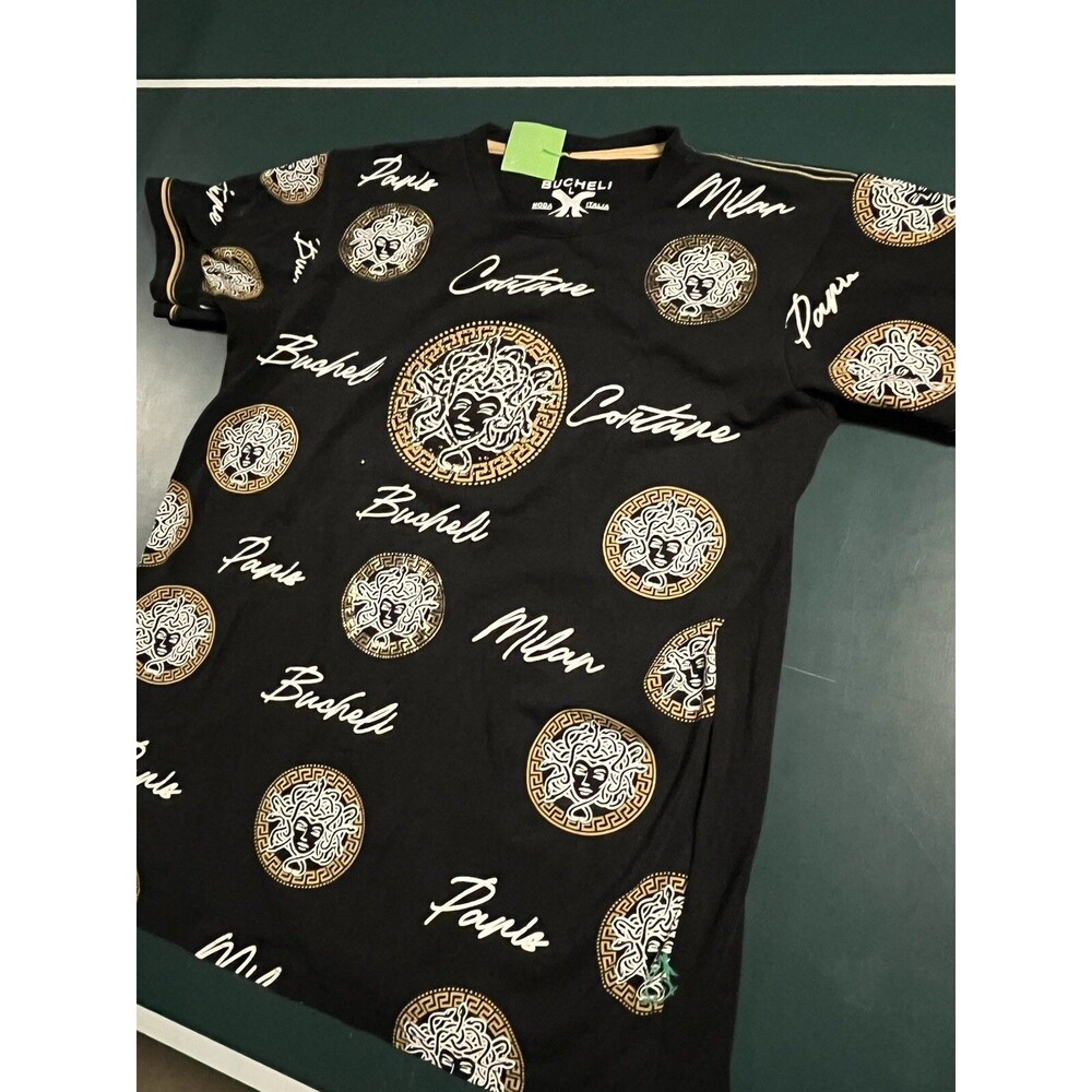 Men’s Bucheli Italian T-Shirt LARGE Gold Metallic Couture All Over Graphic